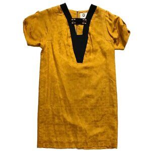 Maison MAYLE Mini Shift Dress Womens 2 Yellow Black Short Sleeve Silk Cut Out